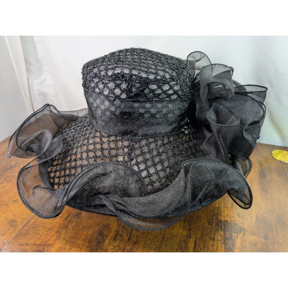 Elegant Black Organza Wide Brim Dress Hat Ruffle Flower Church Kentucky Derby